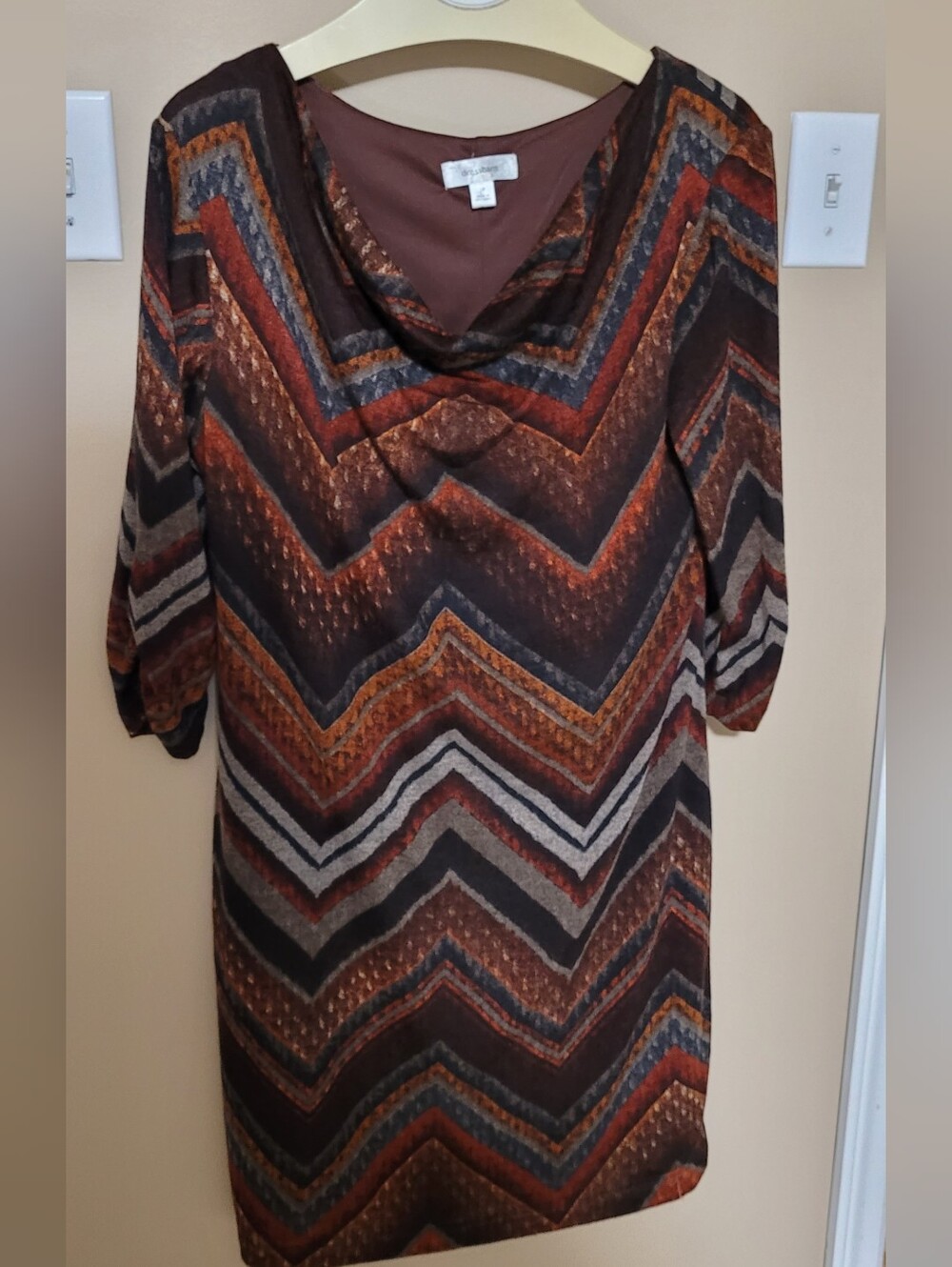 dressbarn Brown Orange Chevron Midi Dress with Cowl Neck
